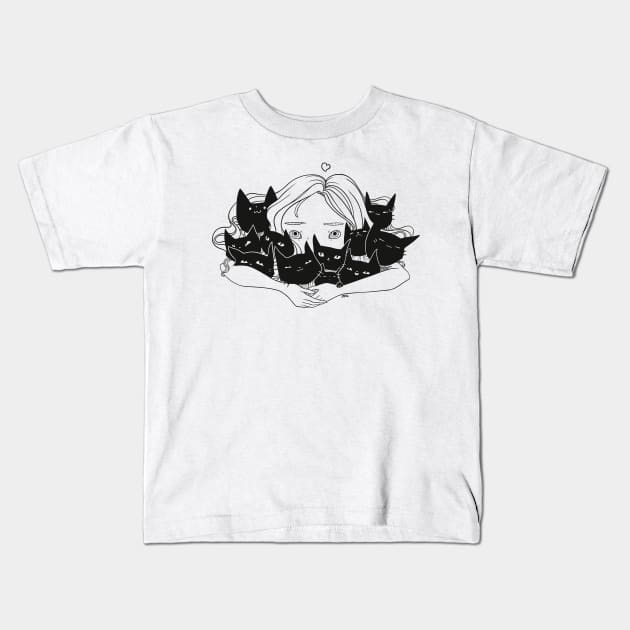 Anime Girl Hugging Many Black Cats Kids T-Shirt by cellsdividing